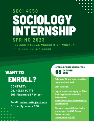 SOCI 4950 - SOCIOLOGY INTERNSHIP, SPRING 2023, for SOCI majors/minors with minimum of 12 SOCI credit hours. Build your CV and ease transition to professional work. Earn 3 credits. Unpaid interns can apply for $500 Sociology Unpaid Internship Scholarship: sociology.unt.edu/undergraduate/scholarships. Students responsible for finding internships; the UNT Career Center can help: careercenter.unt.edu. To enroll, contact: DR. HELEN POTTS, SOCI Undergrad Advisor, email: helen.potts@unt.edu, office: Sycamore 288.
